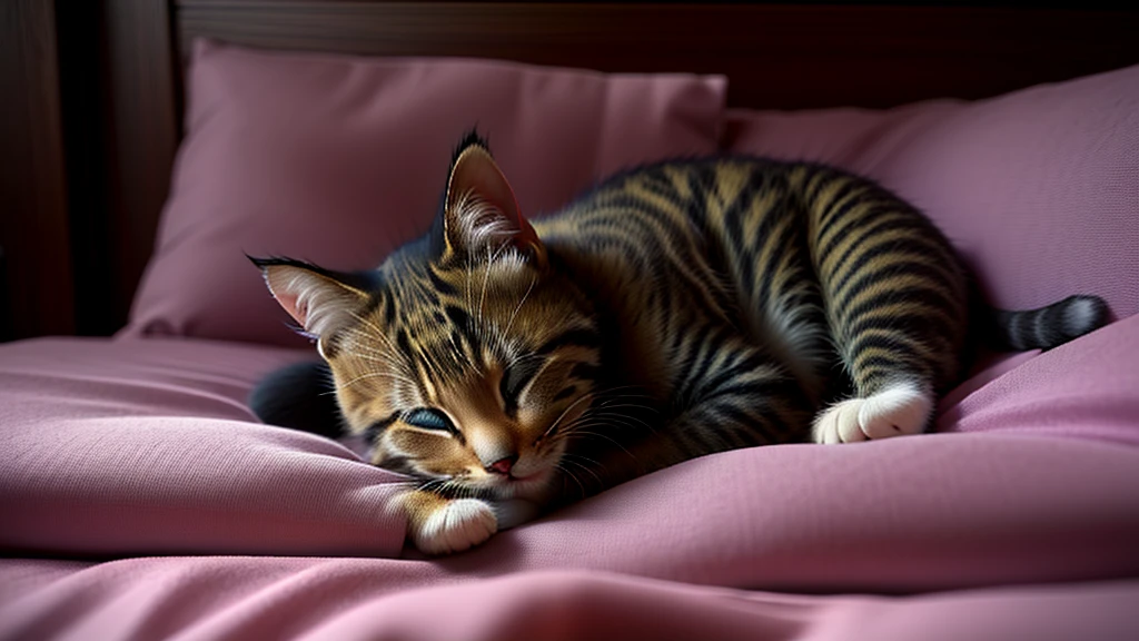 kittenが青いベッドで寝ている、Anime Style、Eyes closed,kitten