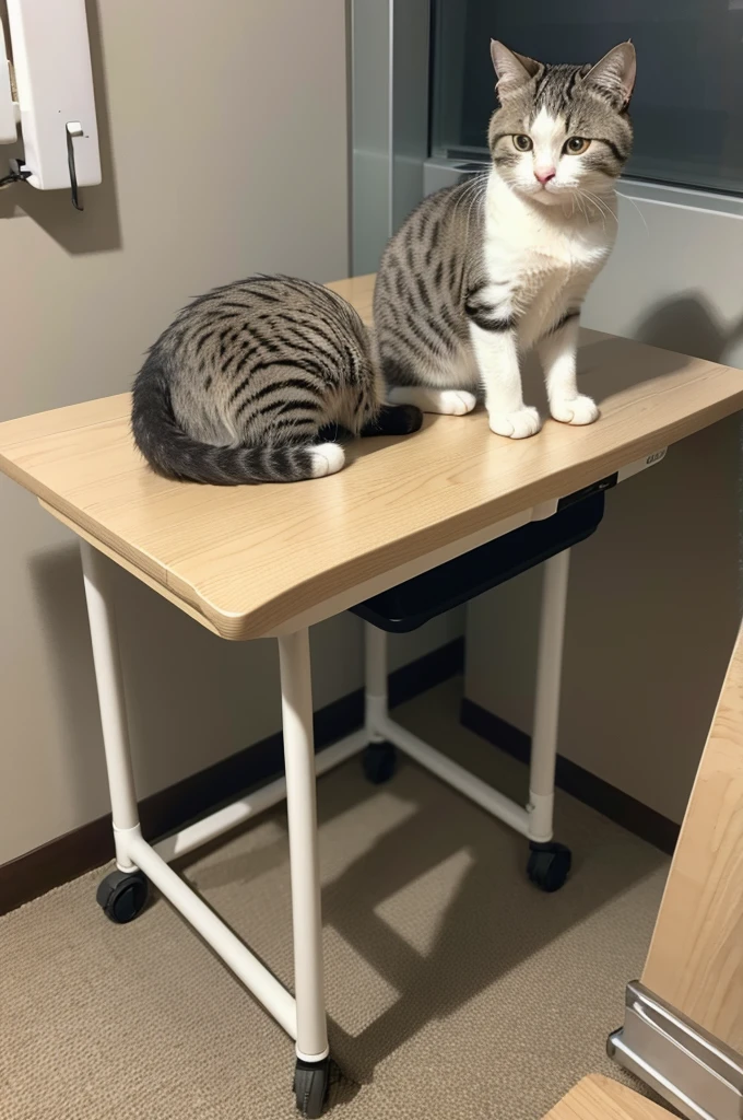 A cute cat is sitting on a medical table，it&#39;s wearing a stethoscope，Stethoscope earplugs worn on its ears，And the chest piece of the stethoscope（round part）then hangs on its chest。Cat expression focused，As if a serious diagnosis was being conducted。The background is a simple consulting room，Some medical posters and charts hang on the wall。