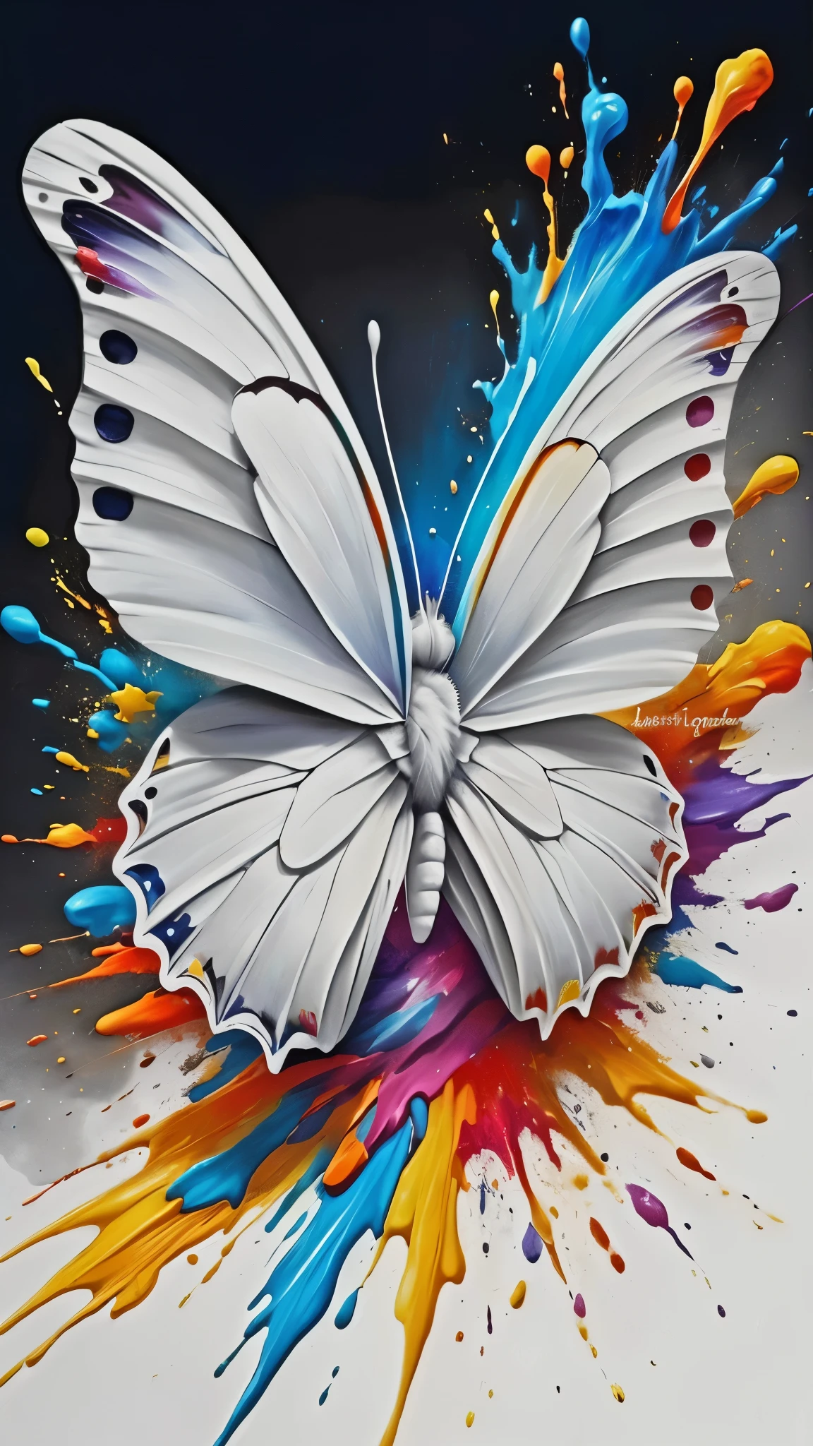 painting of a butterfly with colorful paint splashs on it, butterfly pop art, harmony of butterfly, butterfly, beautiful opened wings, detailed realistic colors, splash of color, colorfull painting, stunning art style, stunning artwork, photo of a mechanical butterfly, a painting of white silver, colorful intricate masterpiece, 2 0 2 0, intricate colorful masterpiece, 2020