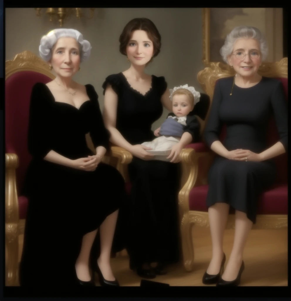 Photography of a baptism, two elderly women sitting in elegant chair,In the middle a woman holds the baby