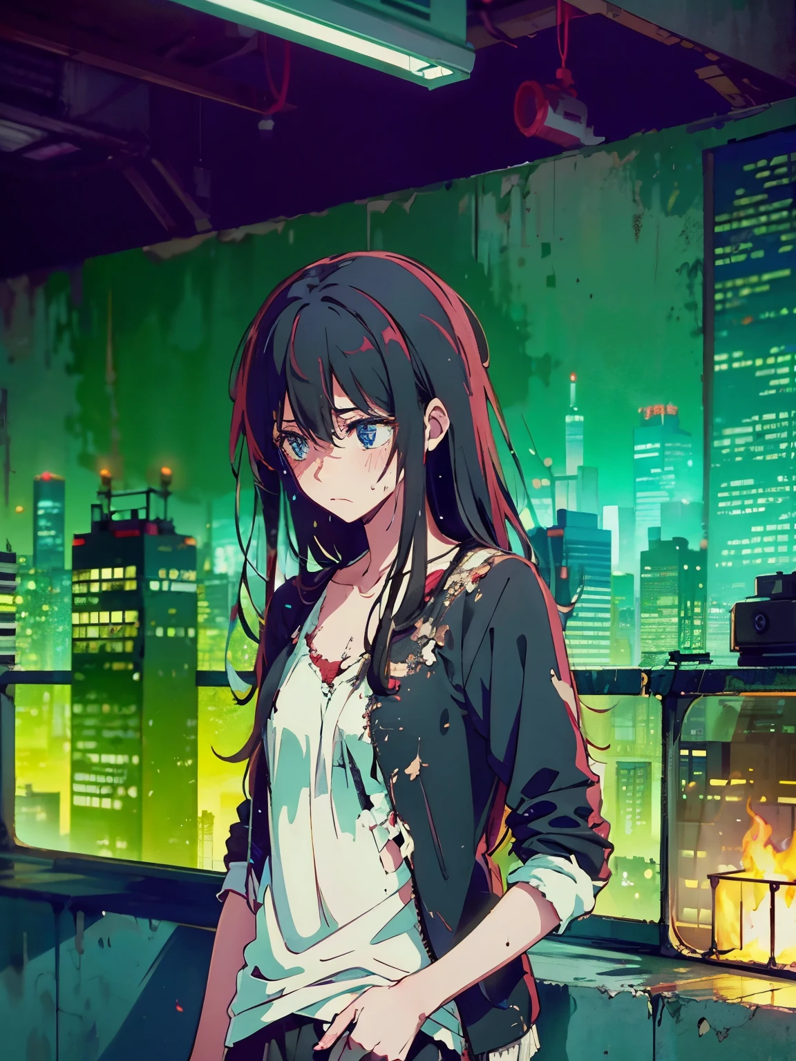 Black Hair　long hair　Tired look　 desolate city　tattered clothes　sweating
