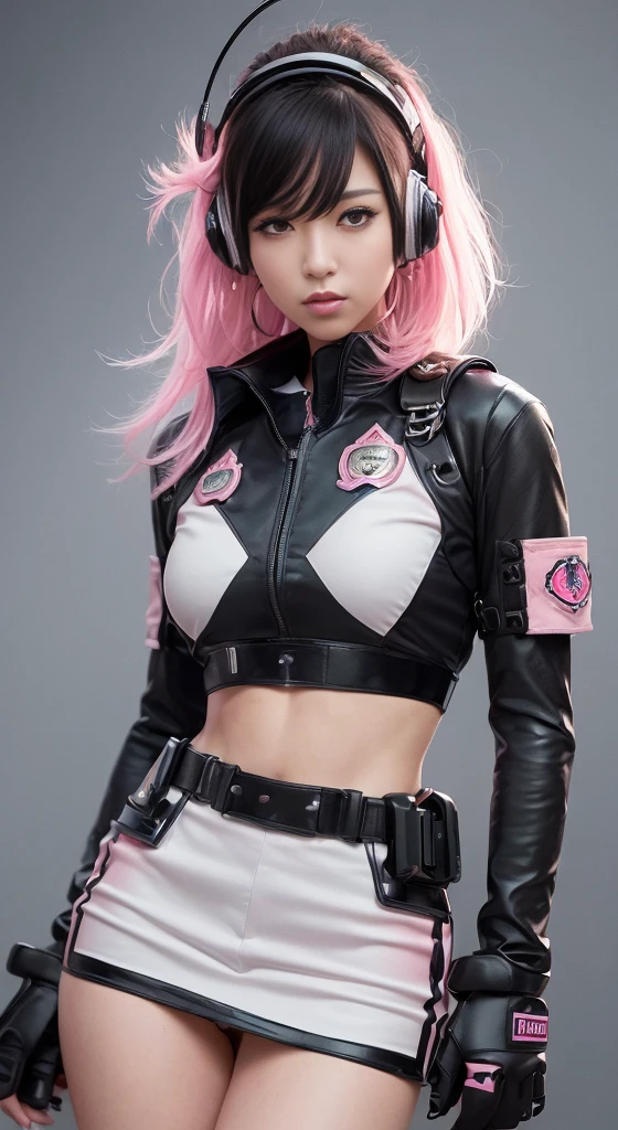 (Top Quality, Ultra High Definition, Photorealistic:1.4), (cowboy shot:1), 1 Beautiful Armed Girl, (Kpop Idol), Detailed Face, (Hair Style: Pink:1, fullbang, shortbob-style:1), Contrapposto, Perfect Anatomy, ((wearing Futuristic Police Racing Suits, low-mini-skirt, police wappen, High-tech Headset, military harness, racing gloves, )), (Cloths colors based on silver pink black white), (background, crashed cars, fire, (Explosion)),