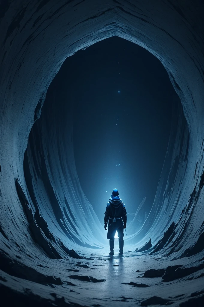Create a scene that looks like an abyss, using the blue color palette, dark blue, offwhite, gris, preto e gris escuro, the camera has to capture the image from the front, but a little higher up, let well abyss and depths, everything very detailed, full of information.