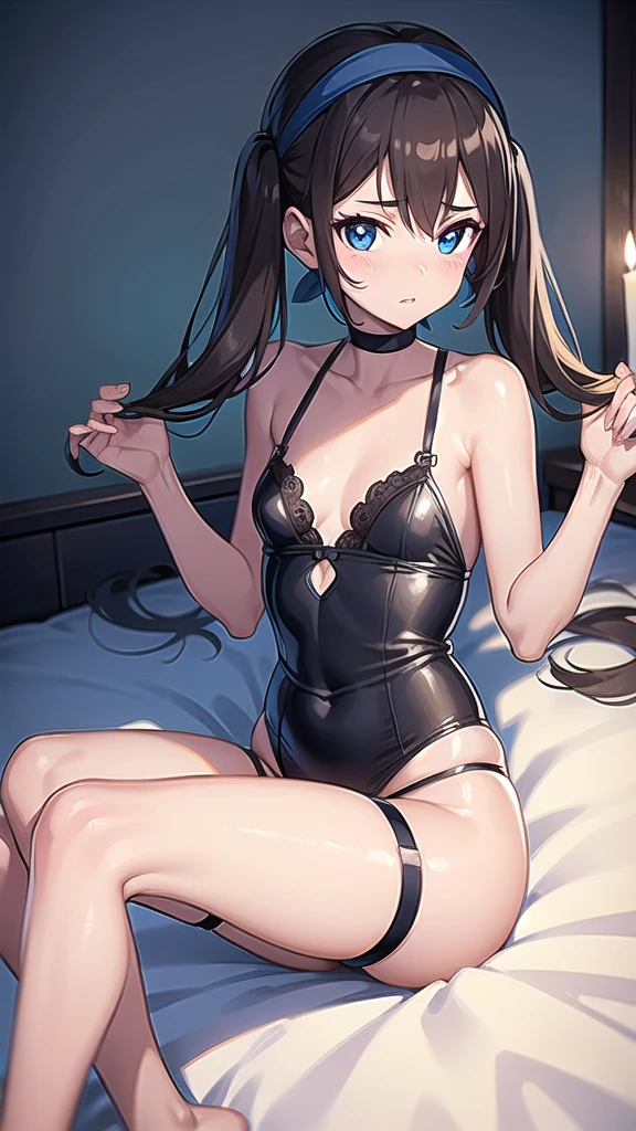 pokemonmay, pokemonmay, blue eyes, brown hair, bandana, long hair,bandana, twintails, hair between eyes, (small breasts:1.2), wet lingerie,stocking suspenders,cleavege,neckline,black choker, BREAK looking at viewer, BREAK on bed,room,candles, night, silk bed, BREAK (masterpiece:1.2), best quality, high resolution, unity 8k wallpaper, (illustration:0.8), (beautiful detailed eyes:1.6), extremely detailed face, perfect lighting, extremely detailed CG, (perfect hands, perfect anatomy),full body,from above, laying on back,