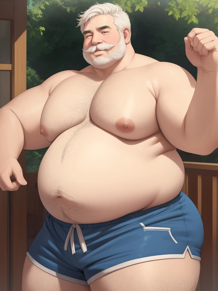 a smiling obese old man, ((chubby:1.2, big fat, huge belly, massive fat, massive obese)), pectoral, detailed realistic portrait, 8k high resolution, topless, sumo physique, side view, perfect center, full view, realistic skin texture, wrinkled face, short hair, mustache, white hair, bearded, jovial expression, huge belly, fat, wearing shorts, high detail, masterpiece, (best quality,4k,8k,highres,masterpiece:1.2),ultra-detailed