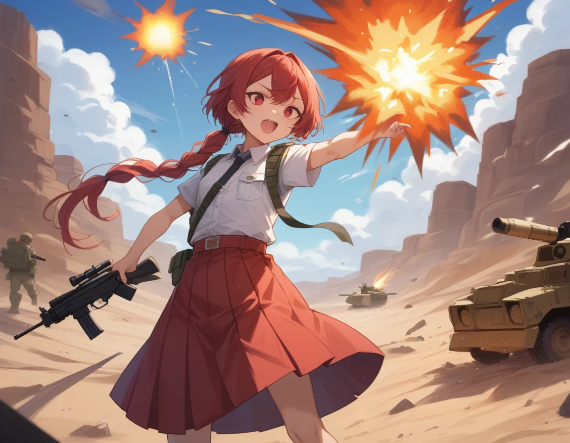 Small breasts、A platoon of girls in bright red military uniforms and long red skirts、Red military uniform and red long skirt、Panty shot、A pair of girl platoon leaders and soldiers equipped with two assault rifles、desert、Black powder explosion on the ground behind、Big Explosion、A big uproar、Destroy a Tank