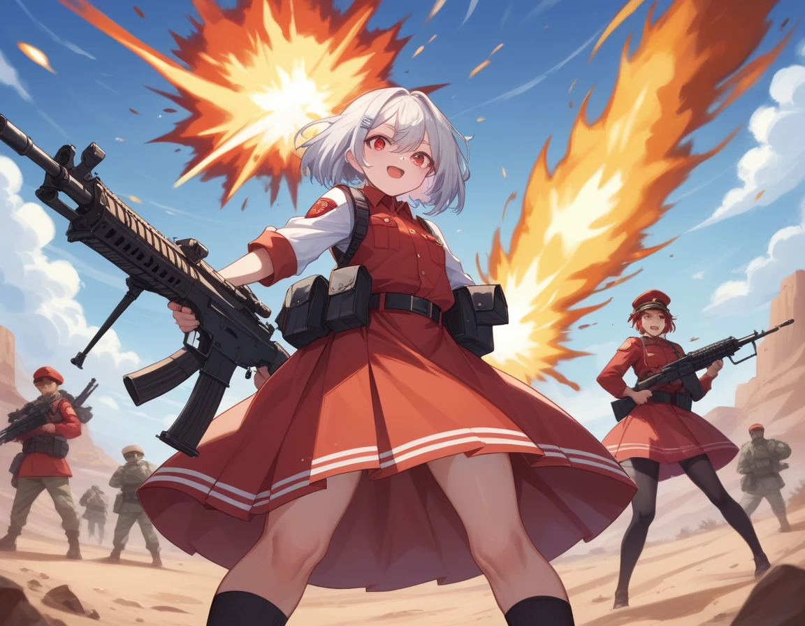 Small breasts、A platoon of girls in bright red military uniforms and long red skirts、Red military uniform and red long skirt、Panty shot、A pair of girl platoon leaders and soldiers equipped with two assault rifles、desert、Black powder explosion on the ground behind、Big Explosion、A big uproar、Destroy a Tank