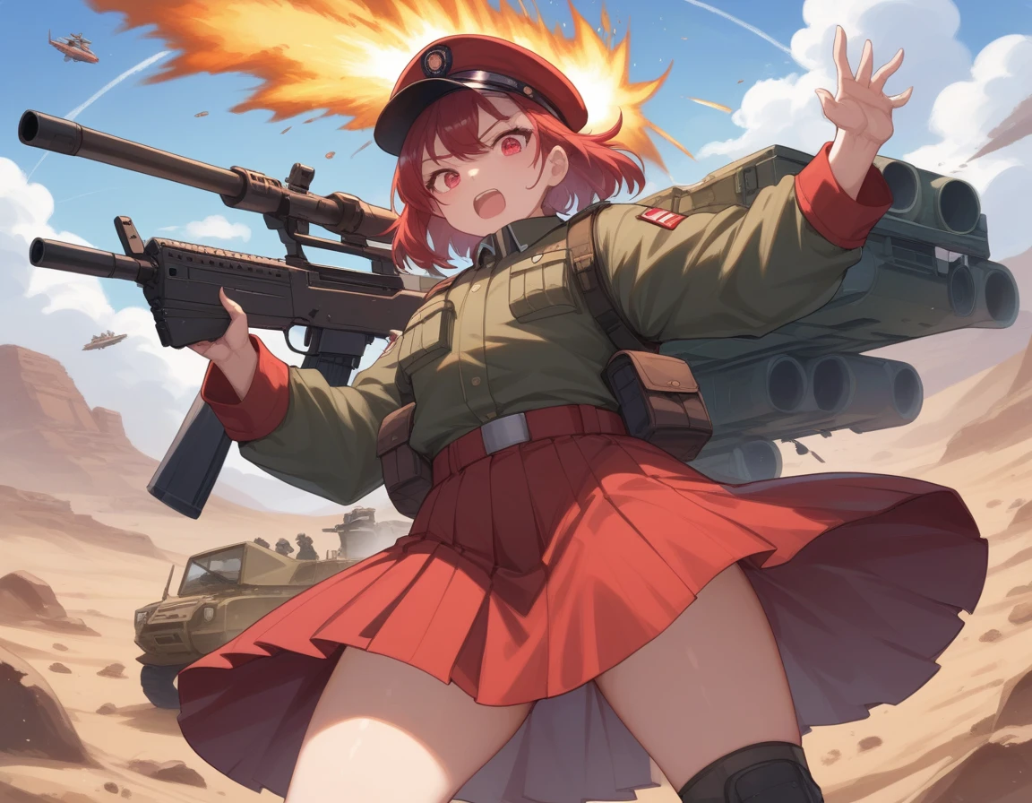 Small breasts、A platoon of girls in bright red military uniforms and long red skirts、Red military uniform and red long skirt、Panty shot、A pair of girl platoon leaders and soldiers equipped with two assault rifles、desert、Black powder explosion on the ground behind、Big Explosion、A big uproar、Destroy a Tank
