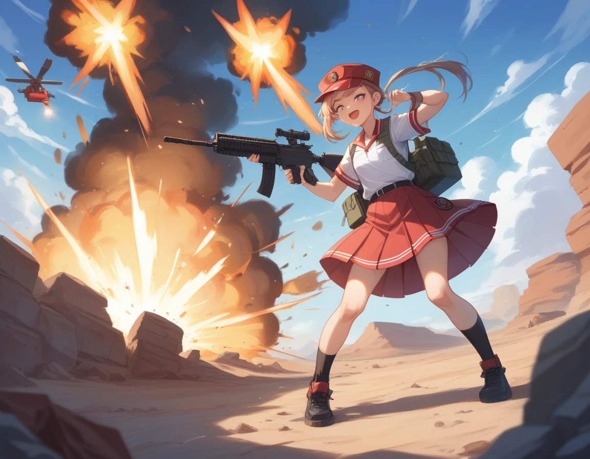 Small breasts、A platoon of girls in bright red military uniforms and long red skirts、Red military uniform and red long skirt、Panty shot、A pair of girl platoon leaders and soldiers equipped with two assault rifles、desert、Black powder explosion on the ground behind、Big Explosion、A big uproar、Destroy a Tank