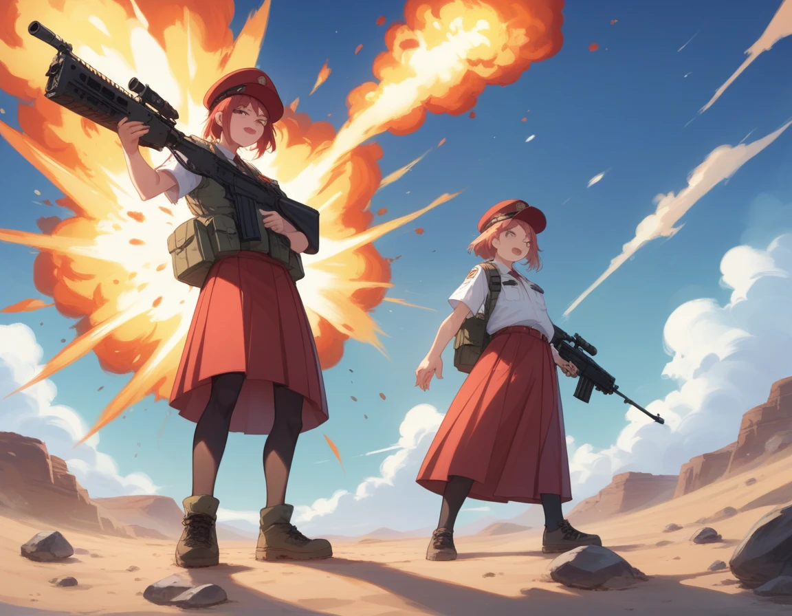 Small breasts、A platoon of girls in bright red military uniforms and long red skirts、Red military uniform and red long skirt、Panty shot、A pair of girl platoon leaders and soldiers equipped with two assault rifles、desert、Black powder explosion on the ground behind、Big Explosion、A big uproar、Destroy a Tank