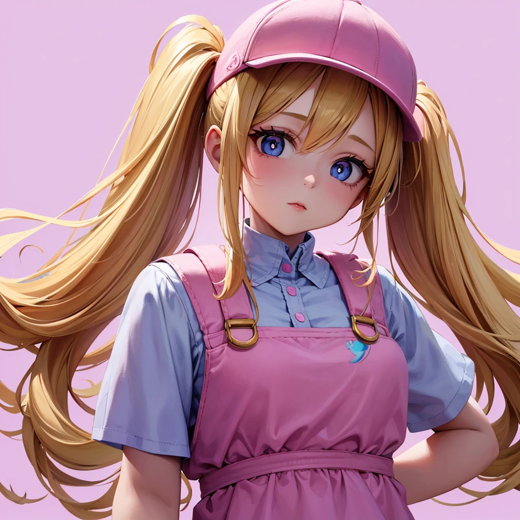 1 adult girl, blue eyes, Blonde, hair in two pigtails, pink vests, pink dress with white overalls, a pink hat on her head, in a calm and sweet environment, photography as for social media profile, Dragon Ball Z style and design, especially in the eyes, purple background