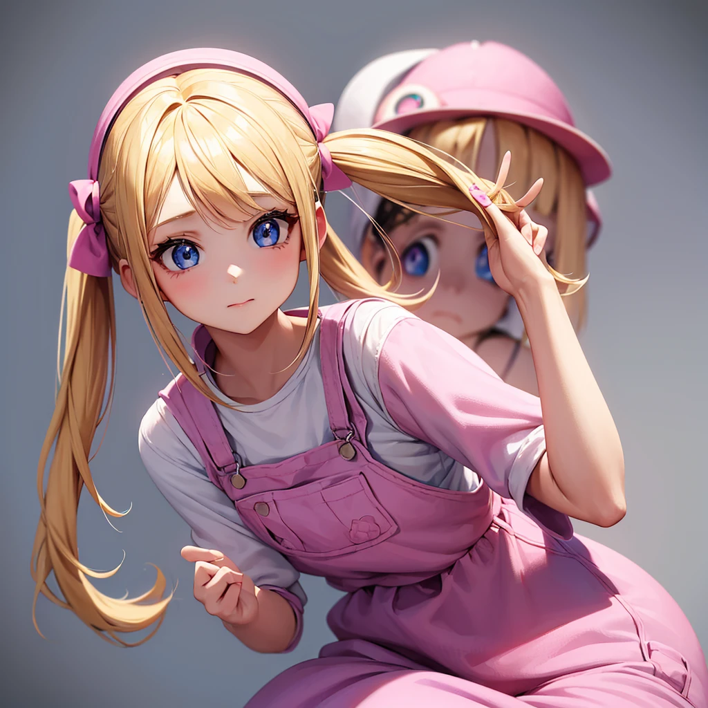 1 adult girl, blue eyes, Blonde, hair in two pigtails, pink vests, pink dress with white overalls, a pink hat on her head, in a calm and sweet environment, photography as for social media profile, Dragon Ball Z style and design, especially in the eyes, purple background