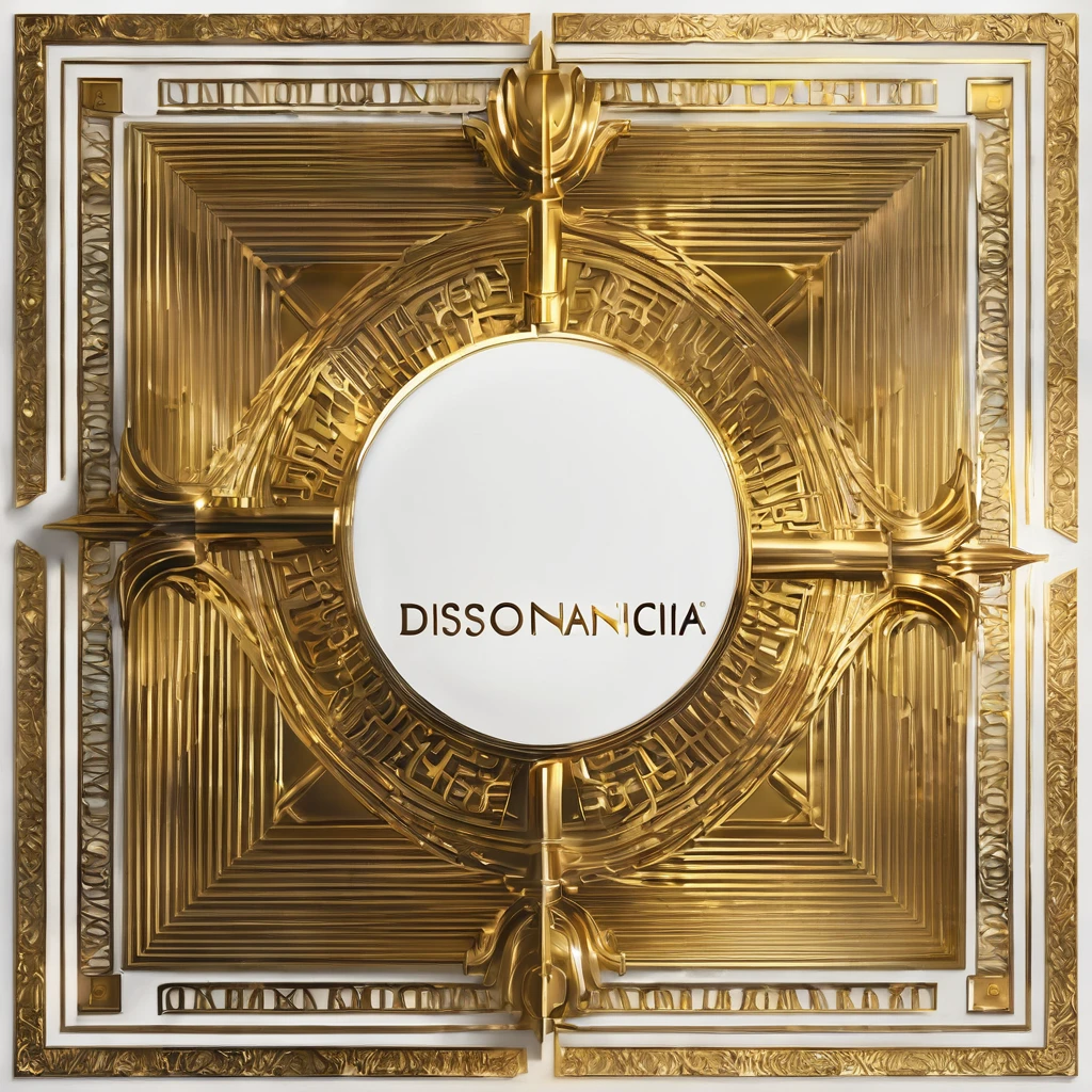 "DISSONANCIA" written in golden letters in cinematic style, White background, album cover