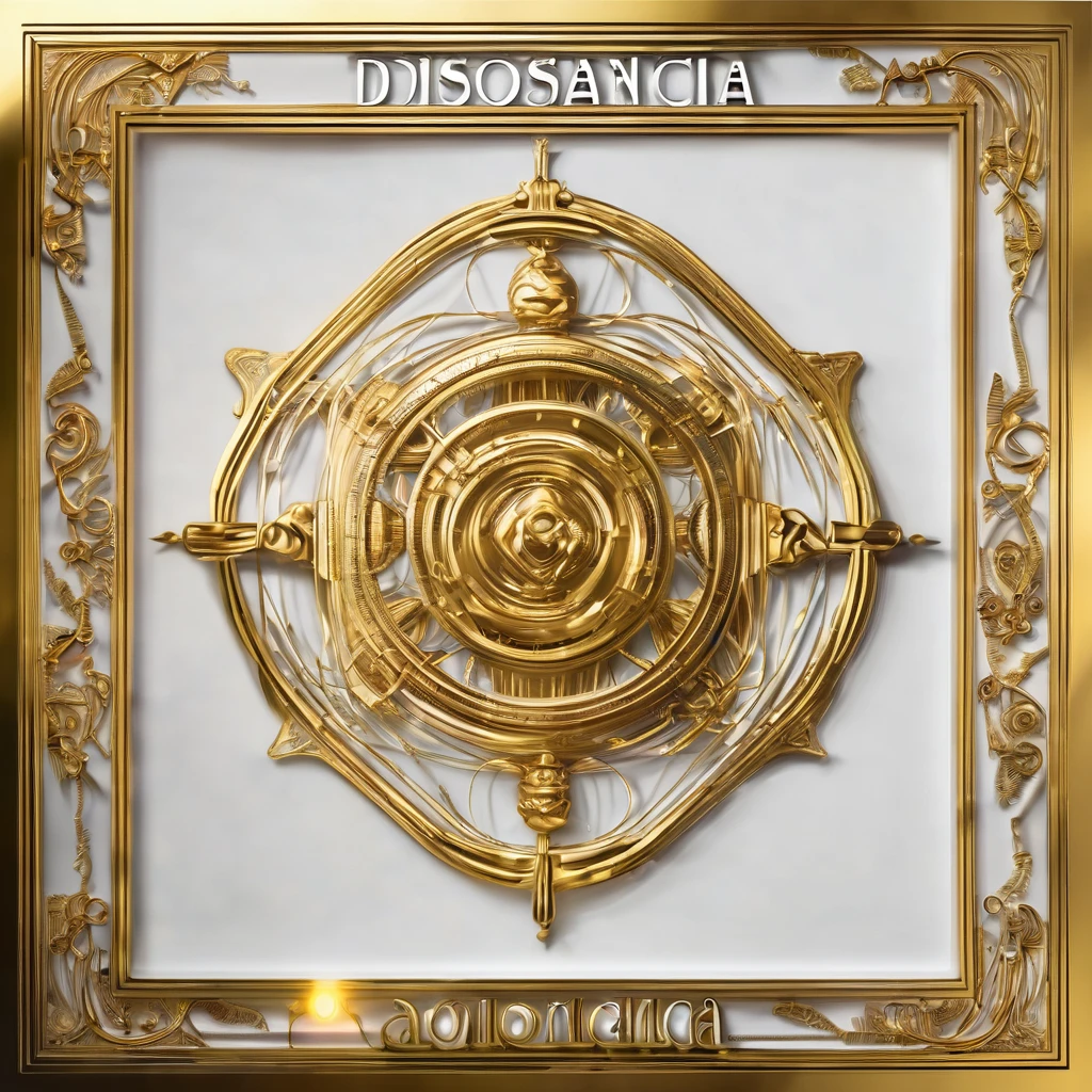 "DISSONANCIA" written in golden letters in cinematic style, White background, album cover
