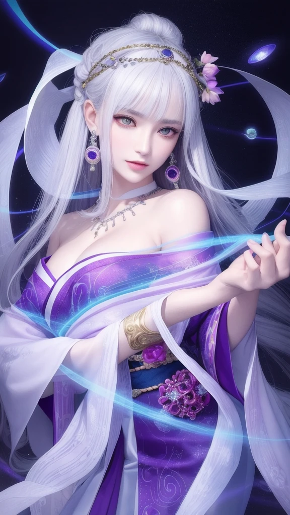 (masterpiece, top quality, 1 female, solo, exquisite details, chromatic aberration), (realistic), (skin), ((breathing)), (silver hair, blunt bangs, cropped straight long hair, short bangs, silver hair), beautiful hair, red headdress, highlights, hair on one eye, beautiful eyes, purple eyes, thick lips, earrings, piercing eyes, ((gold and white kimono)), ((symmetrical eyes)), ((perfectly symmetrical body)), ((perfectly symmetrical hands)), (purerosface_v1:0.3), full moon night, ((self, natural light))), bright lighting, flowers blooming in the background, in front of the viewer, ((central shot, from the front, (face and shoulders))), mysterious atmosphere, colorful flowers blooming around, light colored background, fortune teller in kimono, beautiful fortune teller, fortune teller, Fantasy female fortune teller, female fortune teller, fantasy photography, Japanese style, fortune teller in kimono, elegant cinematic fantasy art, fantasy woman, magician portrait, fortune teller, powerful wizard surrounded by mystical colorful flowers, holding a glowing heart crystal ball, eyes glowing with mystical energy, spells leaking from her mouth, vivid swirls of sorcery pulsating with iridescent hues appear in the air, magic permeates, flowers bloom, sacred creatures gaze in awe, threads of magical energy dance, reveal hidden realms, unravel secrets, capture the essence of this enchanting moment and bring to life the mysterious power of sorcery on a canvas of the highest quality and finest detail. Top Quality, Masterpiece, Ultra High Resolution, (Photorealistic: 1.4), RAW Photo, Sharp Focus, High Resolution, Detailed Skin.