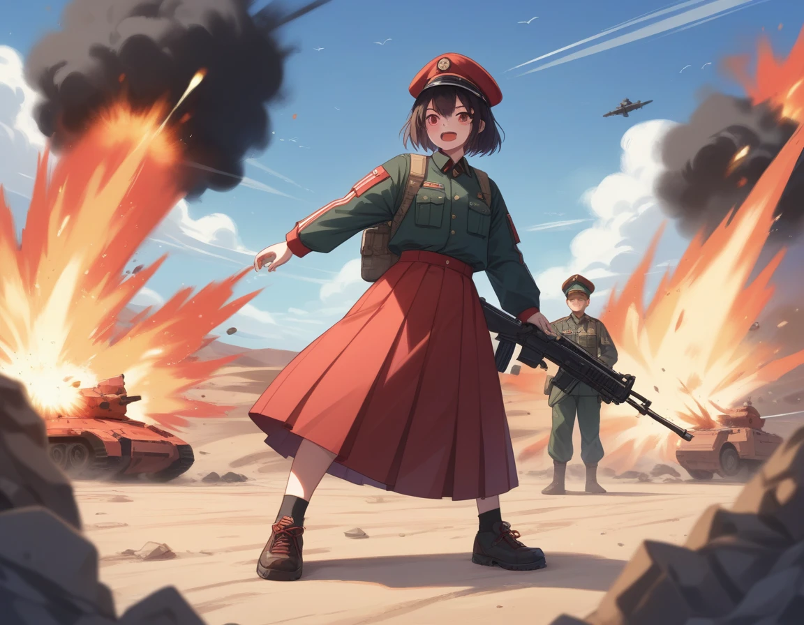 Small breasts、A platoon of girls in bright red military uniforms and long red skirts、Red military uniform and red long skirt、Panty shot、A pair of girl platoon leaders and soldiers equipped with two assault rifles、desert、Black powder explosion on the ground behind、Big Explosion、A big uproar、Destroy a Tank