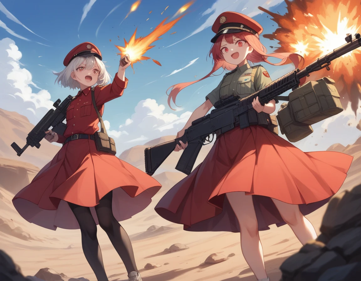 Small breasts、A platoon of girls in bright red military uniforms and long red skirts、Red military uniform and red long skirt、Panty shot、A pair of girl platoon leaders and soldiers equipped with two assault rifles、desert、Black powder explosion on the ground behind、Big Explosion、A big uproar、Destroy a Tank