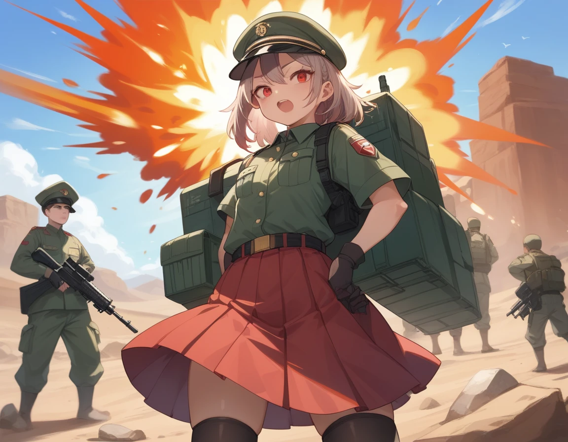 Small breasts、A platoon of girls in bright red military uniforms and long red skirts、Red military uniform and red long skirt、Panty shot、A pair of girl platoon leaders and soldiers equipped with two assault rifles、desert、Black powder explosion on the ground behind、Big Explosion、A big uproar、Destroy a Tank