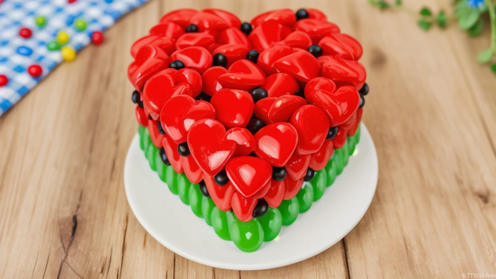 on a wooden table, there is a heart-shaped cake on a white plate,. red and green cream cake. with black beads. there is a blue checkered tablecloth on the table next to it, scattered rainbow jelly beans, chamomile lies, Multiple light sources, bright lighting, Realistic style , realistic texture, detailed texture, A high resolution, high quality, macro photo, ultra hd 4k quality.