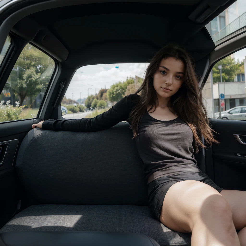 femme Française naturelle de 21 ans dans la voiture dehors froid par la fraicheur , au long cheveux noir flottant et aux yeux perçant Il doit avoir une expression naturelle et accessible, Pose simple, simple vue, Coup moyen