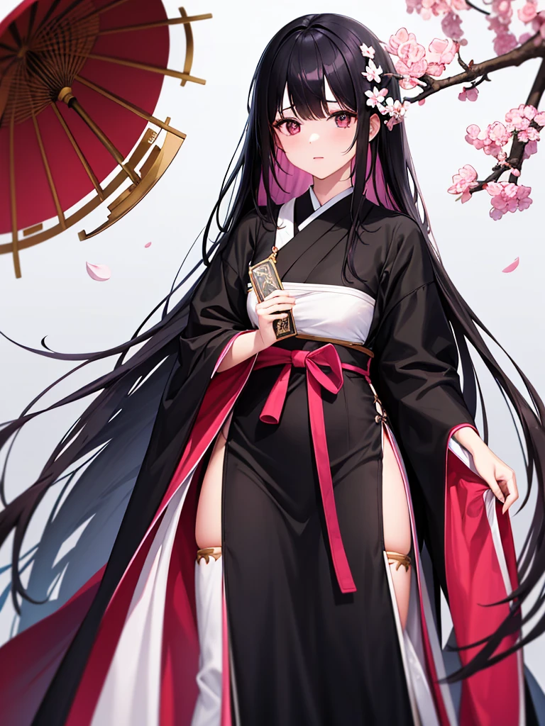 best quality, character design sheet, adult woman、No hat on, Black and pink hair, whole body, Head to Toe, Fortuneteller、Standing facing forward, Beautiful black dress, long Black Hair, Pure white background, from front, best quality, Cherry blossom pattern、Japanese、Adult Japanese、Clear eyes、Standing facing forward、The face is facing forward、holding a magic card in hand、White background、Black western dress、Neutral face、Black hair with pink inner color