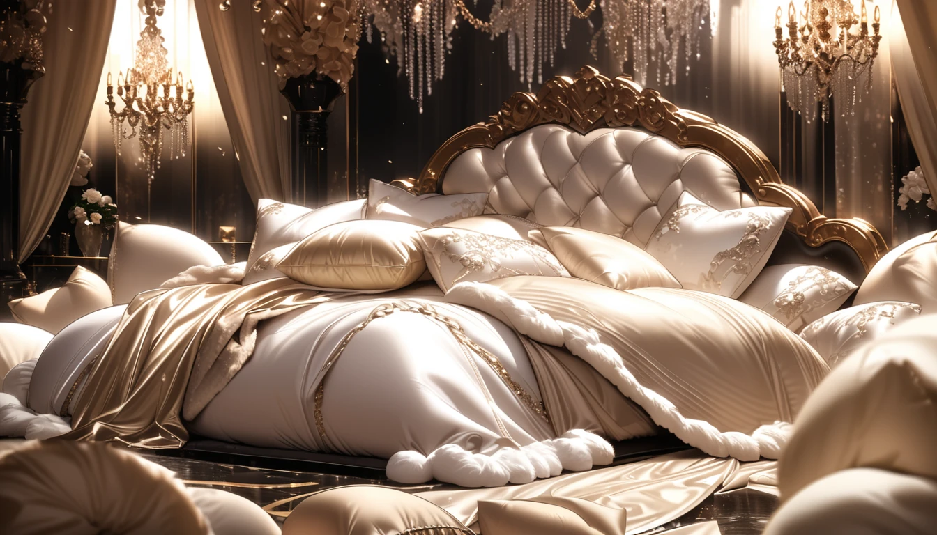 Lots of giant silk pillows. Luxurious and fluffy silk bed. White chocolate sauce splattered