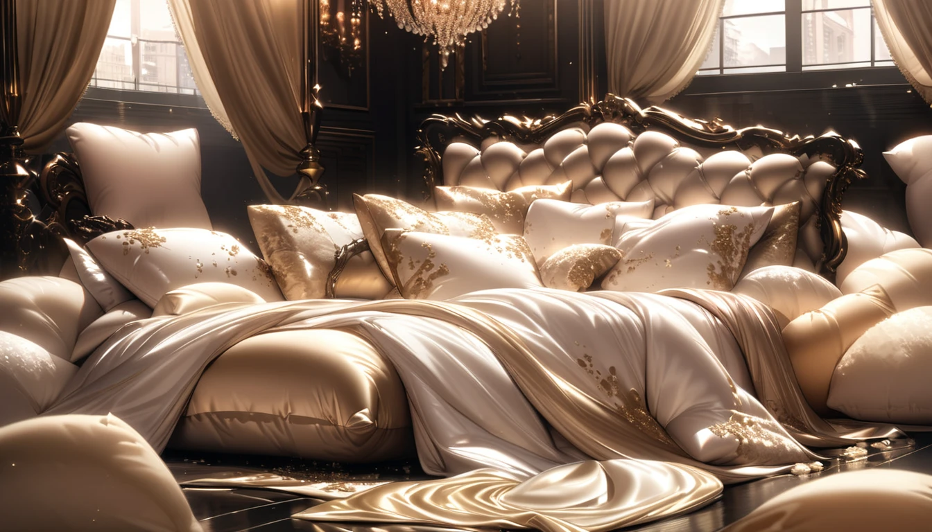Lots of giant silk pillows. Luxurious and fluffy silk bed. White chocolate sauce splattered