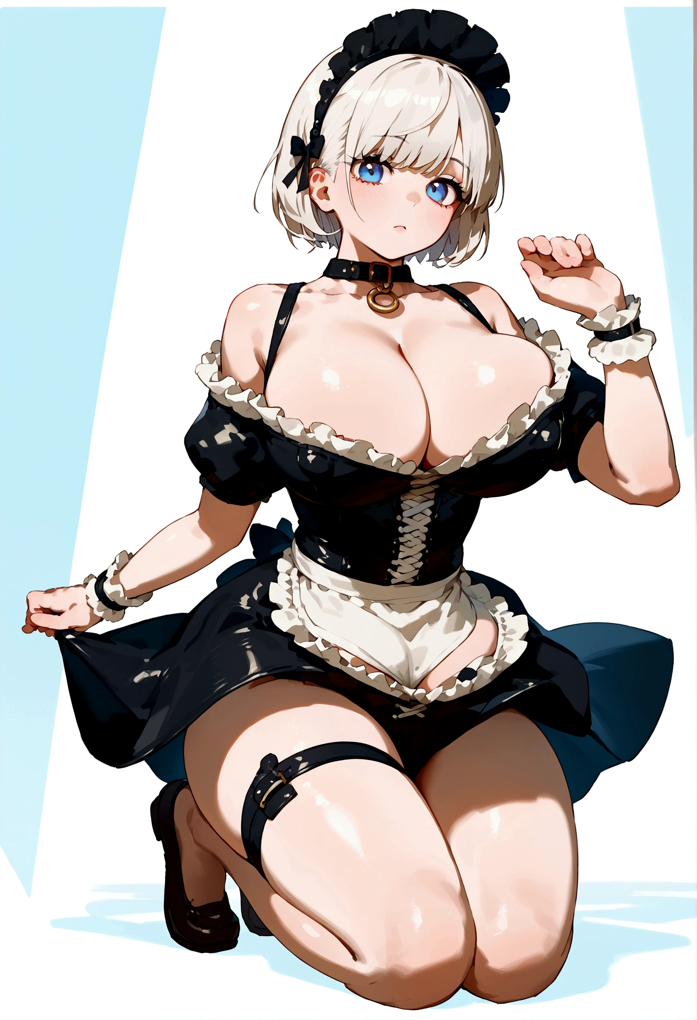 anime artwork, score_9, score_8_up, score_7_up, score_6_up, score_5_up, score_4_up, big breasts, White hair , short hair, pinched eyes, (big-:1.5) , Thin legs, thin body, leather collar, Maid outfit victorian, dynamic pose, full body, View from below, wide hips, Kneeling