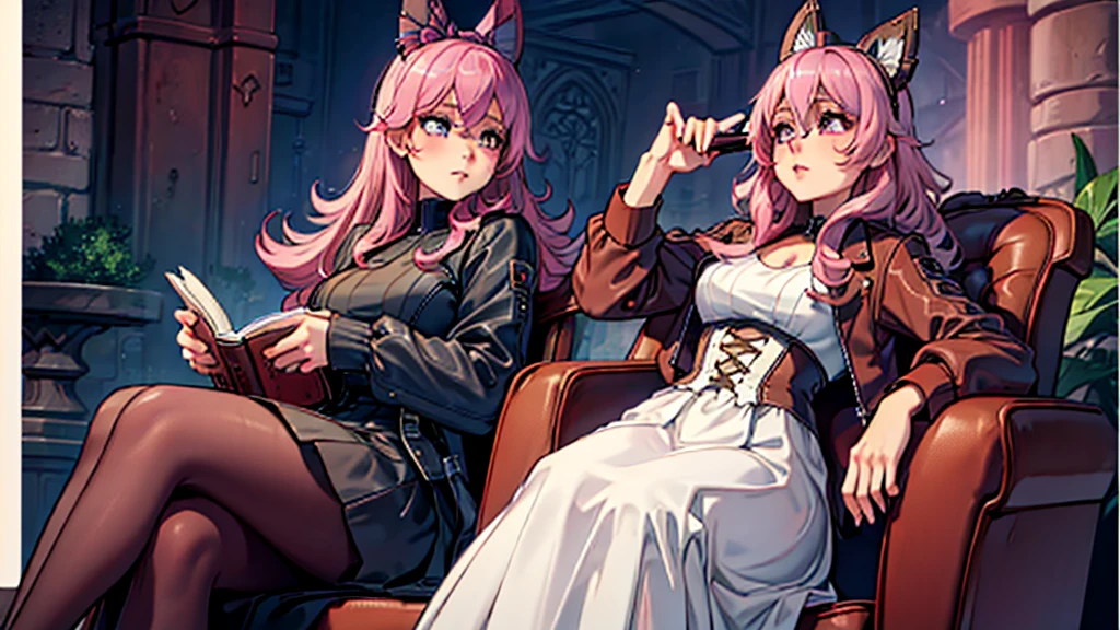 A pink-haired、Violet eyes、Woman with hourglass figure，Wearing a cool leather jacket and gothic lolita dress，Sitting in a comfortable chair reading a book