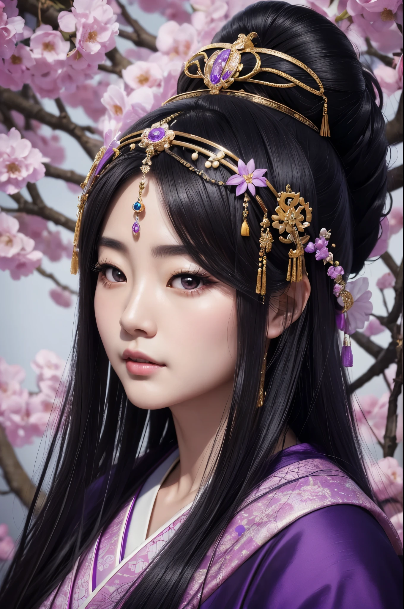 (8K,Photorealistic　to be born写真　Highest quality;1.4) Mature Japanese Goddess,so beautiful(A vivid face) ,(Long black hair),清楚なQueen,Gorgeous black and purple Japanese goddess&#39;Traditional costume of the month,Engage your audience,Beautiful expression,Moist black eyes,Queenのメイクアップ,(Queen),charm,Small breasts,Golden decoration,筋肉質の細い身体のマッチョなQueen,Gorgeous hair ornament,Holding a folding fan,kimono,Black and purple 月のkimono,非常にSmall breasts,Red eyeshadow,Ultra-high resolution,Surreal,Attention to detail,Rich colors, Backlight, Cinema Lighting, Film Grain, to be born, 50mm lens, Nikon D850,smile,Ultra-realistic,Highest qualityのフォトリアリスティックなRAW写真。Bright colors,Image of a perfect woman,Fantasy art,Character Art,background,A room in a large mansion,Extremely stiff abs,Muscular Beauty,Flower Hair Ornaments,Hairpin,