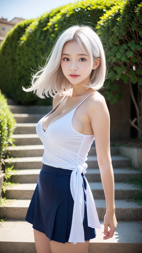 Some women have long white hair, A simple, thin one-piece dress worn by a beautiful girl, With slit, (Her skin is visible through her dress), Real life anime girls, , Baby Face, Sslender figure, Perfect white hair girl, Anime Girl Cosplay, Photorealistic Animation, Realistic anime 3D style, Realistic young anime girl, Ultra realistic anime, (Two Side Up), White Hair Girl, Photorealistic Animation girl render, Beautiful anime school girl, (Blooming Flowers々A fantastic and beautiful staircase background created by), (Detailed eyes and face:1.2, Professional photography techniques), Beautiful breasts, (Cleavage), Slender body line, Small beautiful butt, (Tight high waist), Cute Smile, ((Hair fluttering in the wind:1.3, Skirt rolled up in the wind:1.2))