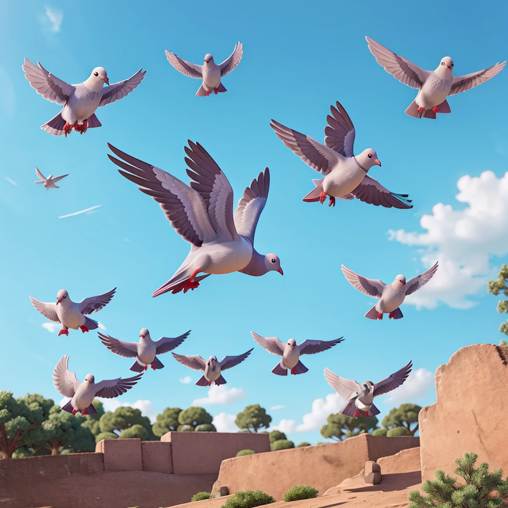Pigeons group flying.