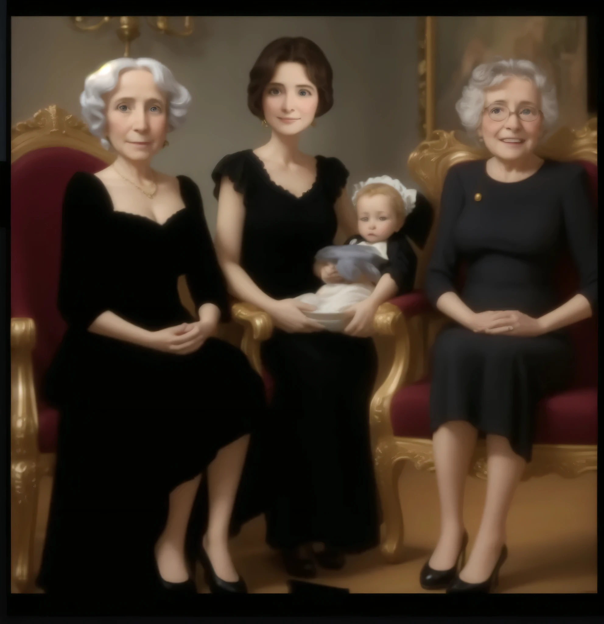 Photography of a baptism, two elderly women sitting in elegant chair,In the middle a woman holds the baby