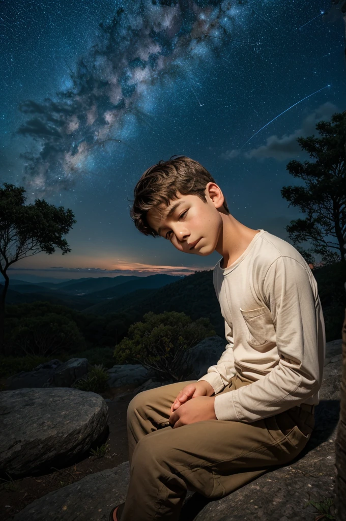 "A young boy sits on a rocky outcropping, gazing out at a breathtaking landscape of bulbous clouds, their soft, white forms glowing golden in the fading light of day. As the sky transitions into a deep shade of indigo, countless stars begin to twinkle like diamonds against the velvety blackness. The boy's eyes are wide with wonder, his face bathed in the soft, ethereal light of the stars. The air is filled with an almost palpable sense of peace and tranquility, as if the universe is holding its breath in reverence for the beauty of the moment. The only sound is the soft rustling of the wind through the nearby trees, a gentle lullaby accompanying the boy's reverie."