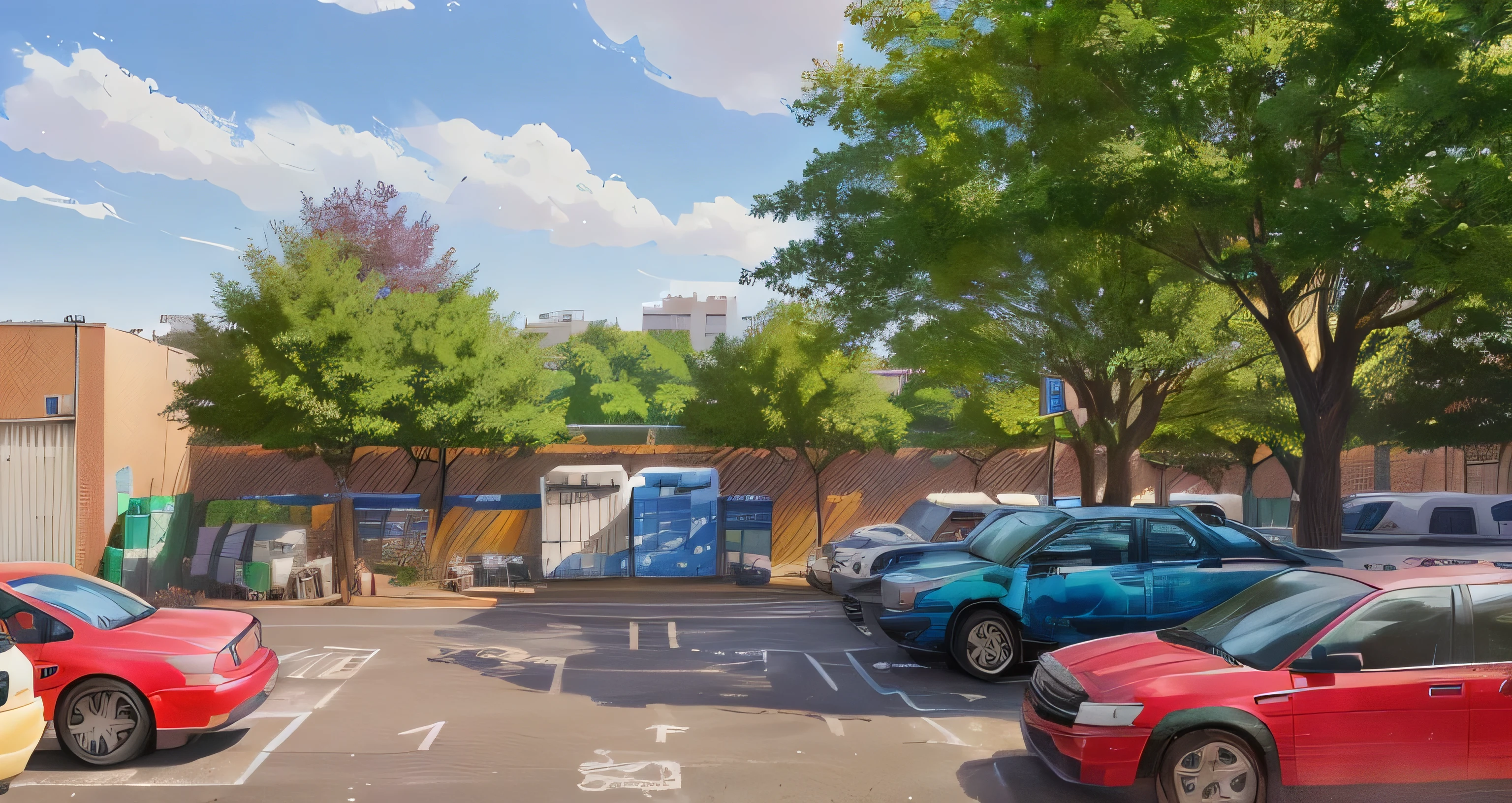 background anime, drawing, car parking lot, blue containers, masterpiece, fantasy, anime, bright sunlight, Pixar, concept art, anime scene, backlighting, 4K, UHD ,best quality