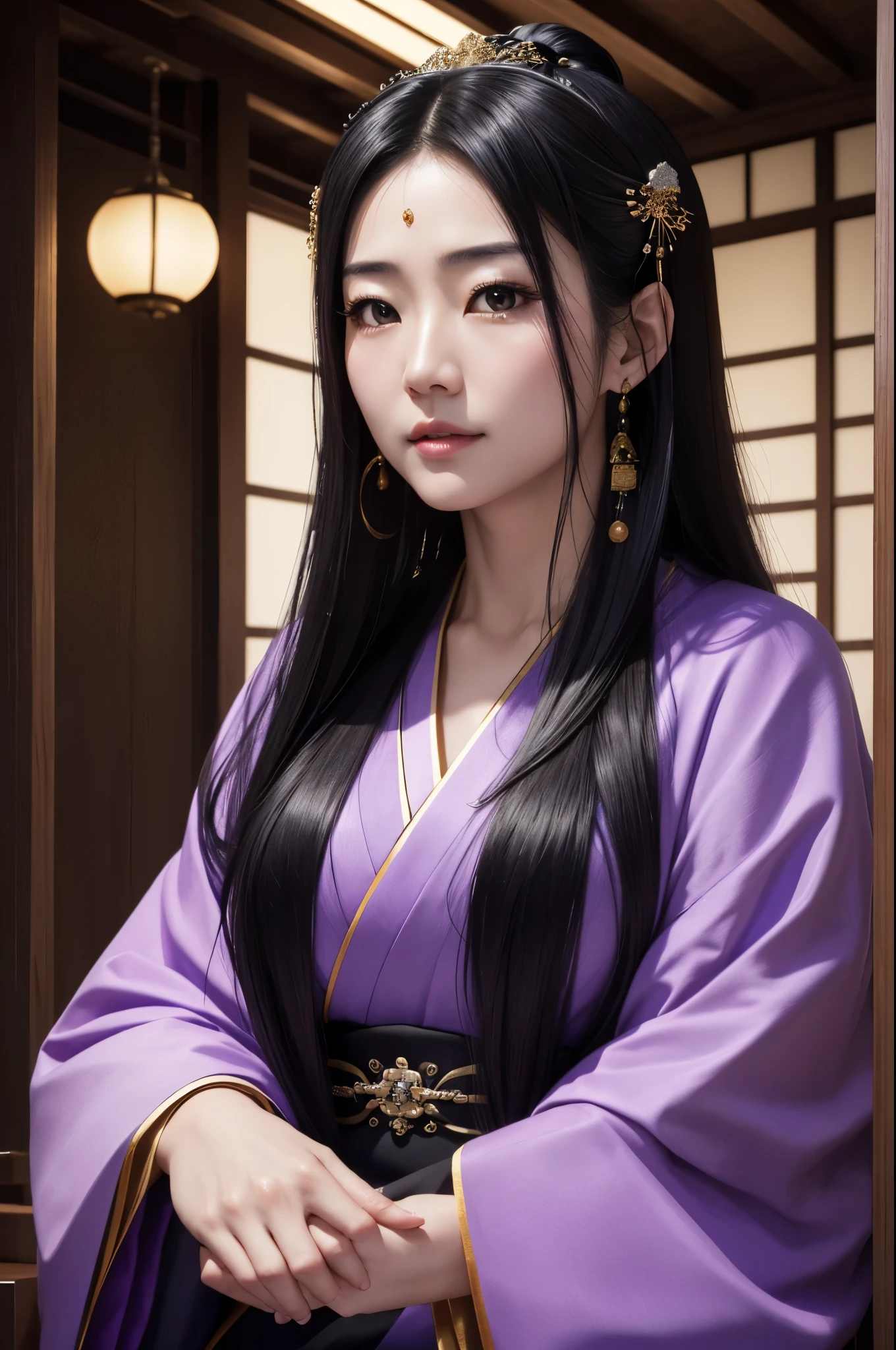 (8K,Photorealistic　to be born写真　Highest quality;1.4) Mature Japanese Goddess,so beautiful(A vivid face) ,(Long black hair),清楚なQueen,Gorgeous black and purple Japanese goddess&#39;Traditional costume of the month,Engage your audience,Beautiful expression,Moist black eyes,Queenのメイクアップ,(Queen),charm,Small breasts,Golden decoration,筋肉質の細い身体のマッチョなQueen,Gorgeous hair ornament,Holding a folding fan,kimono,Black and purple 月のkimono,非常にSmall breasts,Red eyeshadow,Ultra-high resolution,Surreal,Attention to detail,Rich colors, Backlight, Cinema Lighting, Film Grain, to be born, 50mm lens, Nikon D850,smile,Ultra-realistic,Highest qualityのフォトリアリスティックなRAW写真。Bright colors,Image of a perfect woman,Fantasy art,Character Art,background,A room in a large mansion,Extremely stiff abs,Muscular Beauty,Flower Hair Ornaments,Hairpin,