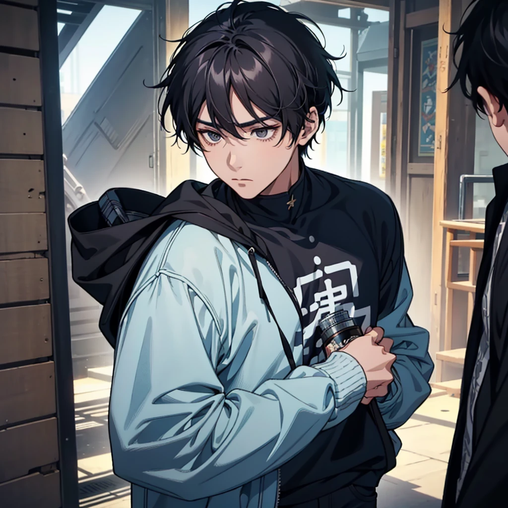 A boy, Bblack hair, expressionless black eyes, Cao Cao, looking into the lens, unified fund, black sweatshirt, with light blue jeans.