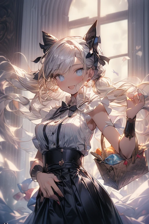 (perky chest:1.2), (pointed chest:1.2),(((Black Tunic:1.3))),(((cakes and bread in the basket),Cute and beautiful girl,Cute round face,Cute smile,with blush cheeks,Red Lip,a girl 22 years old, nsfw:1.2, beautiful body:1.3), shinny skin, BREAK, ((alice in the wonderland:1.3, cute, kawaii, lovely, funny, a girl falling down from sky:1.3, girl flying in sky:1.2, girl floating in air:1.3, rolling upskirt by wind:1.5, (with sparkling eyes and a contagious smile),open mouth, Looking at Viewer, surprised, putting hands on crotch over the skirts:1.35)), BREAK, ((floating things as follows:1.3, PlayingCards, Trump, tea cup, tea pot, tea spoons, pocket watch:1.3, lip sticks, candies:1.2, cookies, jam bottles, classical door_keys)), ((long purply_Blue dress :1.5, wearing long flaired skirt:1.3, the skirt is blowing:1.3, cute White Apron, black stockingedium long platinum-blonde hair:1.2, twin tail hair:1.6, tied hair with a cute ribbon), (Blue eyes, bright pupils with highlights, detailed eyes), (lying down on your back:0.7, spreading legs with rising up straight:0.7), sexy posture, fantastic colorful art, (fantasy art:1.2, wondered images), ((correct anatomy:1.5, perfect anatomy:1.3, correct hand, )),