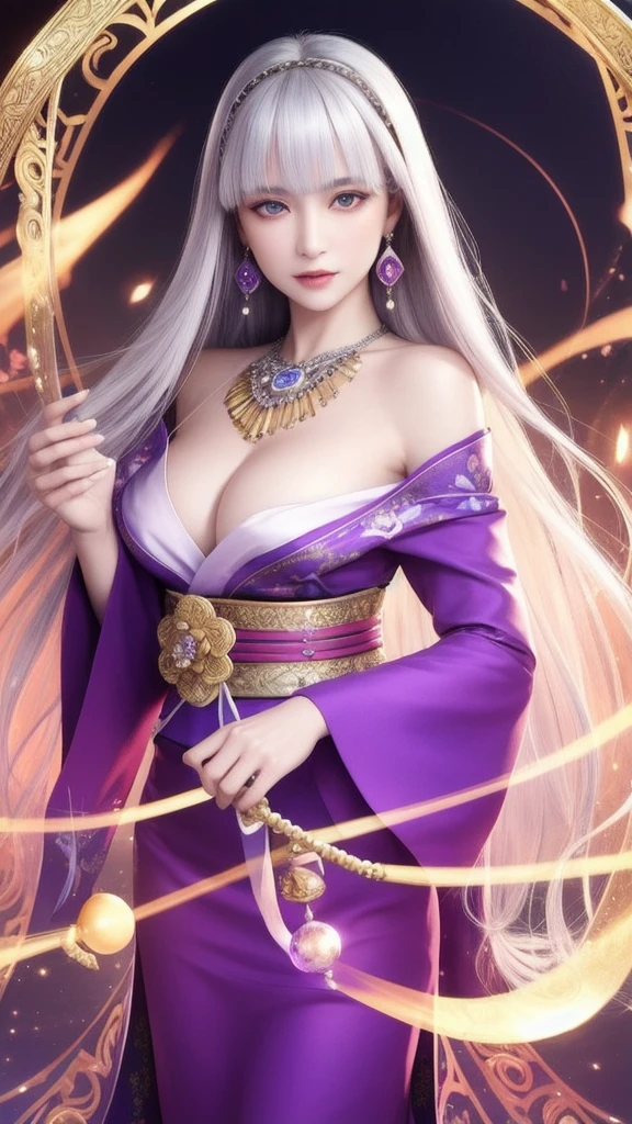(masterpiece, top quality, 1 female, solo, exquisite details, chromatic aberration), (realistic), (skin), ((breathing)), (silver hair, blunt bangs, cropped straight long hair, short bangs, silver hair), beautiful hair, red headdress, highlights, hair on one eye, beautiful eyes, purple eyes, thick lips, earrings, piercing eyes, ((gold and white kimono)), ((symmetrical eyes)), ((perfectly symmetrical body)), ((perfectly symmetrical hands)), (purerosface_v1:0.3), full moon night, ((self, natural light))), bright lighting, flowers blooming in the background, in front of the viewer, ((central shot, from the front, (face and shoulders))), mysterious atmosphere, colorful flowers blooming around, light colored background, fortune teller in kimono, beautiful fortune teller, fortune teller, Fantasy female fortune teller, female fortune teller, fantasy photography, Japanese style, fortune teller in kimono, elegant cinematic fantasy art, fantasy woman, magician portrait, fortune teller, powerful wizard surrounded by mystical colorful flowers, holding a glowing heart crystal ball, eyes glowing with mystical energy, spells leaking from her mouth, vivid swirls of sorcery pulsating with iridescent hues appear in the air, magic permeates, flowers bloom, sacred creatures gaze in awe, threads of magical energy dance, reveal hidden realms, unravel secrets, capture the essence of this enchanting moment and bring to life the mysterious power of sorcery on a canvas of the highest quality and finest detail. Top Quality, Masterpiece, Ultra High Resolution, (Photorealistic: 1.4), RAW Photo, Sharp Focus, High Resolution, Detailed Skin.