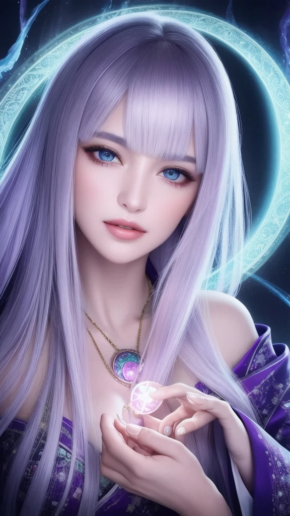 (masterpiece, top quality, 1 female, solo, exquisite details, chromatic aberration), (realistic), (skin), ((breathing)), (silver hair, blunt bangs, cropped straight long hair, short bangs, silver hair), beautiful hair, red headdress, highlights, hair on one eye, beautiful eyes, purple eyes, thick lips, earrings, piercing eyes, ((gold and white kimono)), ((symmetrical eyes)), ((perfectly symmetrical body)), ((perfectly symmetrical hands)), (purerosface_v1:0.3), full moon night, ((self, natural light))), bright lighting, flowers blooming in the background, in front of the viewer, ((central shot, from the front, (face and shoulders))), mysterious atmosphere, colorful flowers blooming around, light colored background, fortune teller in kimono, beautiful fortune teller, fortune teller, Fantasy female fortune teller, female fortune teller, fantasy photography, Japanese style, fortune teller in kimono, elegant cinematic fantasy art, fantasy woman, magician portrait, fortune teller, powerful wizard surrounded by mystical colorful flowers, holding a glowing heart crystal ball, eyes glowing with mystical energy, spells leaking from her mouth, vivid swirls of sorcery pulsating with iridescent hues appear in the air, magic permeates, flowers bloom, sacred creatures gaze in awe, threads of magical energy dance, reveal hidden realms, unravel secrets, capture the essence of this enchanting moment and bring to life the mysterious power of sorcery on a canvas of the highest quality and finest detail. Top Quality, Masterpiece, Ultra High Resolution, (Photorealistic: 1.4), RAW Photo, Sharp Focus, High Resolution, Detailed Skin.