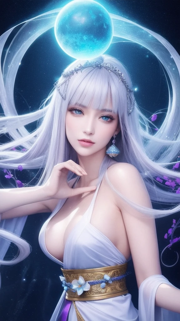 (masterpiece, top quality, 1 female, solo, exquisite details, chromatic aberration), (realistic), (skin), ((breathing)), (silver hair, blunt bangs, cropped straight long hair, short bangs, silver hair), beautiful hair, red headdress, highlights, hair on one eye, beautiful eyes, purple eyes, thick lips, earrings, piercing eyes, ((gold and white kimono)), ((symmetrical eyes)), ((perfectly symmetrical body)), ((perfectly symmetrical hands)), (purerosface_v1:0.3), full moon night, ((self, natural light))), bright lighting, flowers blooming in the background, in front of the viewer, ((central shot, from the front, (face and shoulders))), mysterious atmosphere, colorful flowers blooming around, light colored background, fortune teller in kimono, beautiful fortune teller, fortune teller, Fantasy female fortune teller, female fortune teller, fantasy photography, Japanese style, fortune teller in kimono, elegant cinematic fantasy art, fantasy woman, magician portrait, fortune teller, powerful wizard surrounded by mystical colorful flowers, holding a glowing heart crystal ball, eyes glowing with mystical energy, spells leaking from her mouth, vivid swirls of sorcery pulsating with iridescent hues appear in the air, magic permeates, flowers bloom, sacred creatures gaze in awe, threads of magical energy dance, reveal hidden realms, unravel secrets, capture the essence of this enchanting moment and bring to life the mysterious power of sorcery on a canvas of the highest quality and finest detail. Top Quality, Masterpiece, Ultra High Resolution, (Photorealistic: 1.4), RAW Photo, Sharp Focus, High Resolution, Detailed Skin.