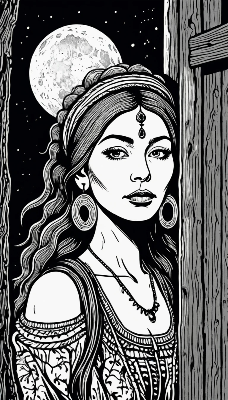 (Black and white woodcut:1.5)、(Second floor in black and white.)、foreground, dark and sinister atmosphere、profile face of a hippie woman with a headband, dressed in hoop earrings holding an Indian nightmare scarecrow, wide, with a wool blouse, with bare shoulders, big breasts, in a cabin full of quartz and geodes., Mysterious、