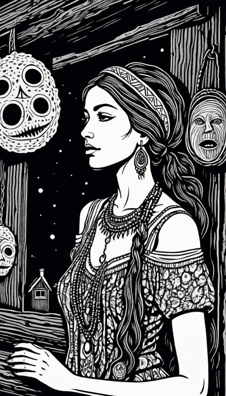 (Black and white woodcut:1.5)、(Second floor in black and white.)、foreground, dark and sinister atmosphere、profile face of a hippie woman with a headband, dressed in hoop earrings holding an Indian nightmare scarecrow,  wide, with a wool blouse,  with ???? shoulders, ???????????, in a cabin full of quartz and geodes., Mysterious、