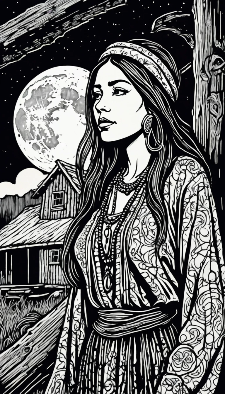 (Black and white woodcut:1.5)、(Second floor in black and white.)、foreground, dark and sinister atmosphere、profile face of a hippie woman with a headband, dressed in hoop earrings holding an Indian nightmare scarecrow, wide, with a wool blouse, with bare shoulders, big breasts, in a cabin full of quartz and geodes., Mysterious、
