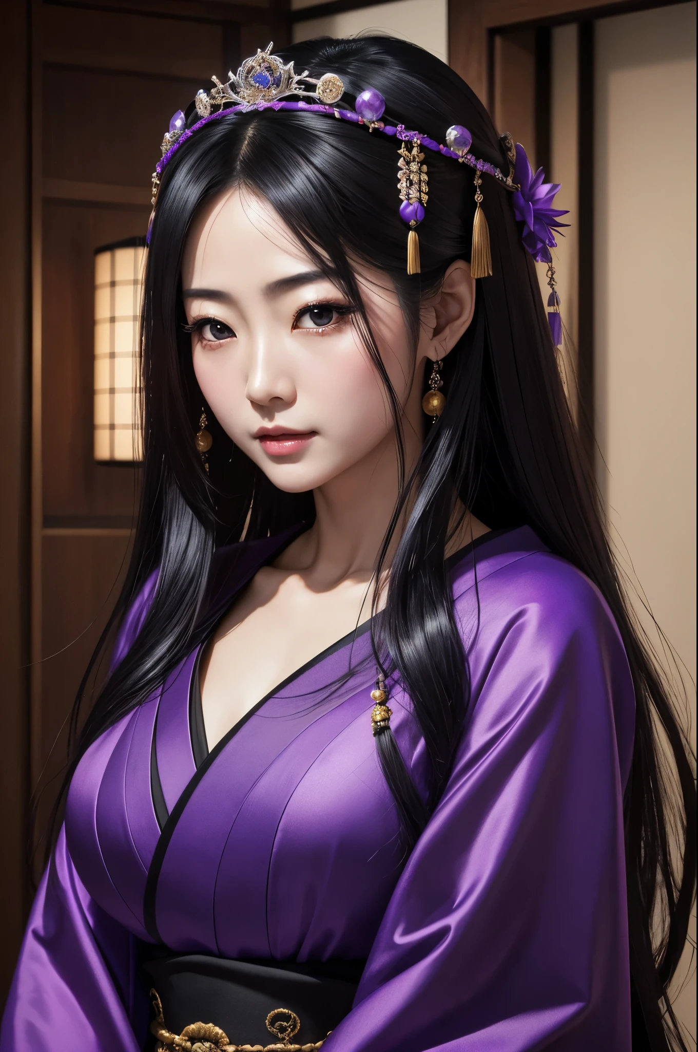 (8K,Photorealistic　to be born写真　Highest quality;1.4) Mature Japanese Goddess,so beautiful(A vivid face) ,(Long black hair),清楚なQueen,Gorgeous black and purple Japanese goddess&#39;Traditional costume of the month,Engage your audience,Beautiful expression,Moist black eyes,Queenのメイクアップ,(Queen),charm,Small breasts,Golden decoration,筋肉質の細い身体のマッチョなQueen,Gorgeous hair ornament,Holding a folding fan,kimono,Black and purple 月のkimono,非常にSmall breasts,Red eyeshadow,Ultra-high resolution,Surreal,Attention to detail,Rich colors, Backlight, Cinema Lighting, Film Grain, to be born, 50mm lens, Nikon D850,smile,Ultra-realistic,Highest qualityのフォトリアリスティックなRAW写真。Bright colors,Image of a perfect woman,Fantasy art,Character Art,background,A room in a large mansion,Extremely stiff abs,Muscular Beauty,Flower Hair Ornaments,Hairpin,