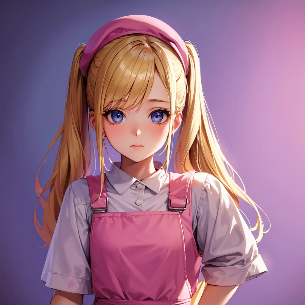 1 adult girl, blue eyes, Blonde, hair in two pigtails, pink vests, pink dress with white overalls, a pink hat on her head, in a calm and sweet environment, photography as for social media profile, Dragon Ball Z style and design, especially in the eyes, purple background 