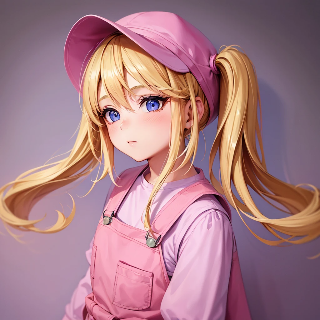 1 adult girl, blue eyes, Blonde, hair in two pigtails, pink vests, pink dress with white overalls, a pink hat on her head, in a calm and sweet environment, photography as for social media profile, Dragon Ball Z style and design, especially in the eyes, purple background