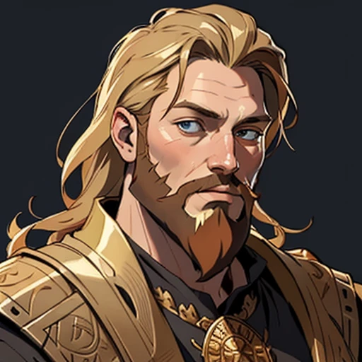 (masterpiece), (best quality),(portrait),(bust up),1boy,solo,(sharp focus),(look at viewer),Viking,golden hair,(golden beard) ,plenty of beard, (ancient man:1), ancient luxurious long clothes,(simple background),old school fantasy art