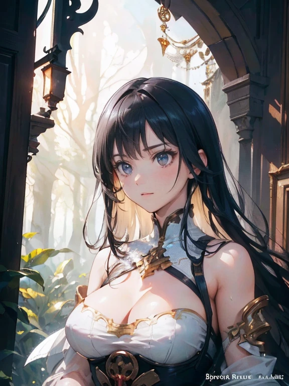 beautiful long black hair girl, detailed face, delicate facial features, beautiful detailed eyes, beautiful detailed lips, extremely detailed eyes and face, long eyelashes, elegant pose, intricate detailed dress, intricate jewelry, fantasy forest background, warm lighting, golden hour lighting, cinematic lighting, vibrant colors, highly detailed, 8k, photorealistic, hyper-realistic, studio lighting, masterpiece, art by artgerm and greg rutkowski and alphonse mucha