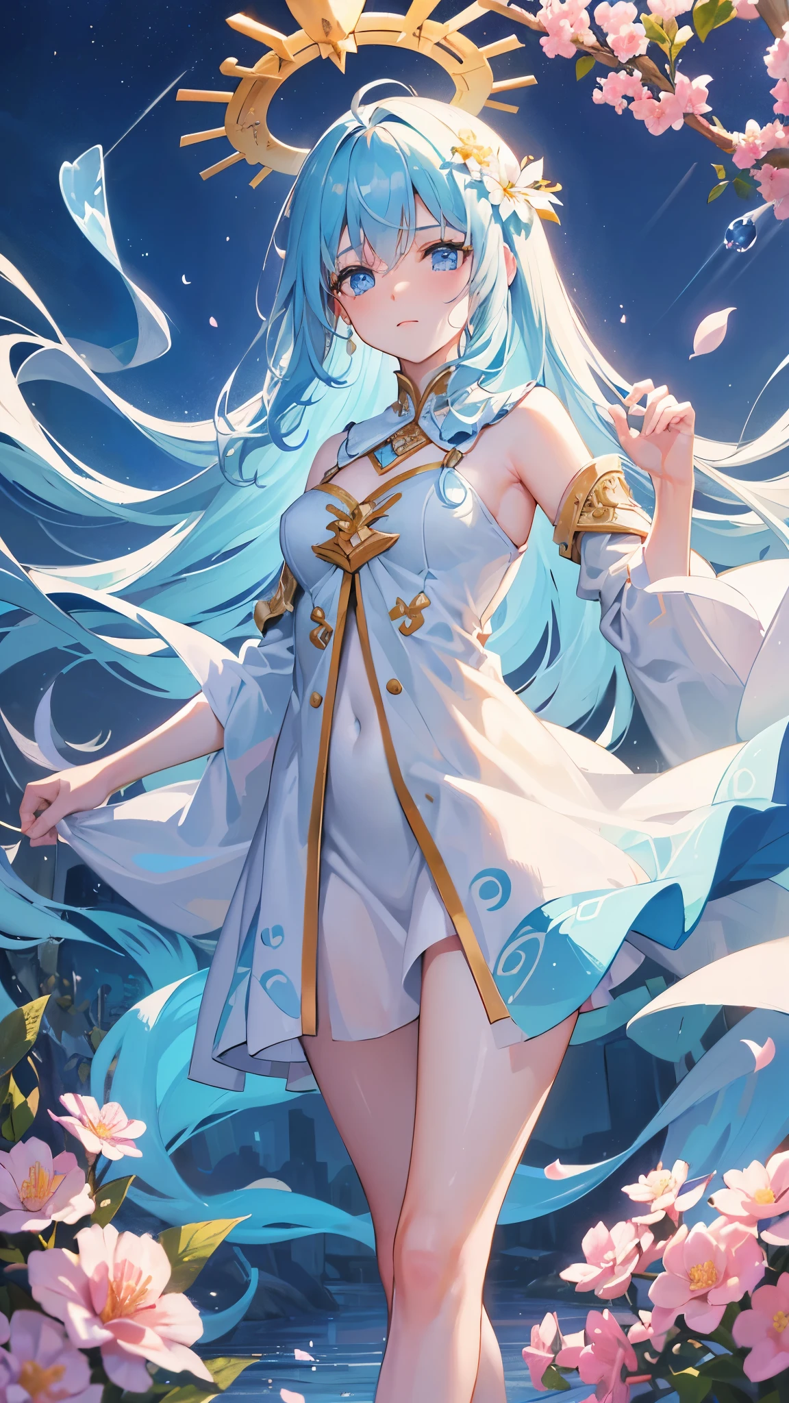 Name: Yumeeth
Element: AQUASCEND
Description: The Rainmaker's Apprentice. A young girl beyond her years, nurturing the hope of halting the endless drought. Vibrant spirits reside within her determined gaze, inspiring faith for one last chance at responsibility towards the promise of a future sustained by swaying courses.
Prompt: ( falling flowers petals, clear reflection, 1girl, standing, longe semi-long curly hair, fair skin, ((sky blue eyes)), ((fact temples water droplets:0.9)), #beautiful_face, ((wide perspective)), (behind viewer), ((riverside, sunlit, clouds proposition, gentle breeze:0.9)), medium breasts, studying fish in hand, ((intense focus im printable eyes)), #calm hands, (((body_with_HPB_at_view:1))), #smile, waternymph influenced, 18 years old, flat Cinematography, consecutive frames